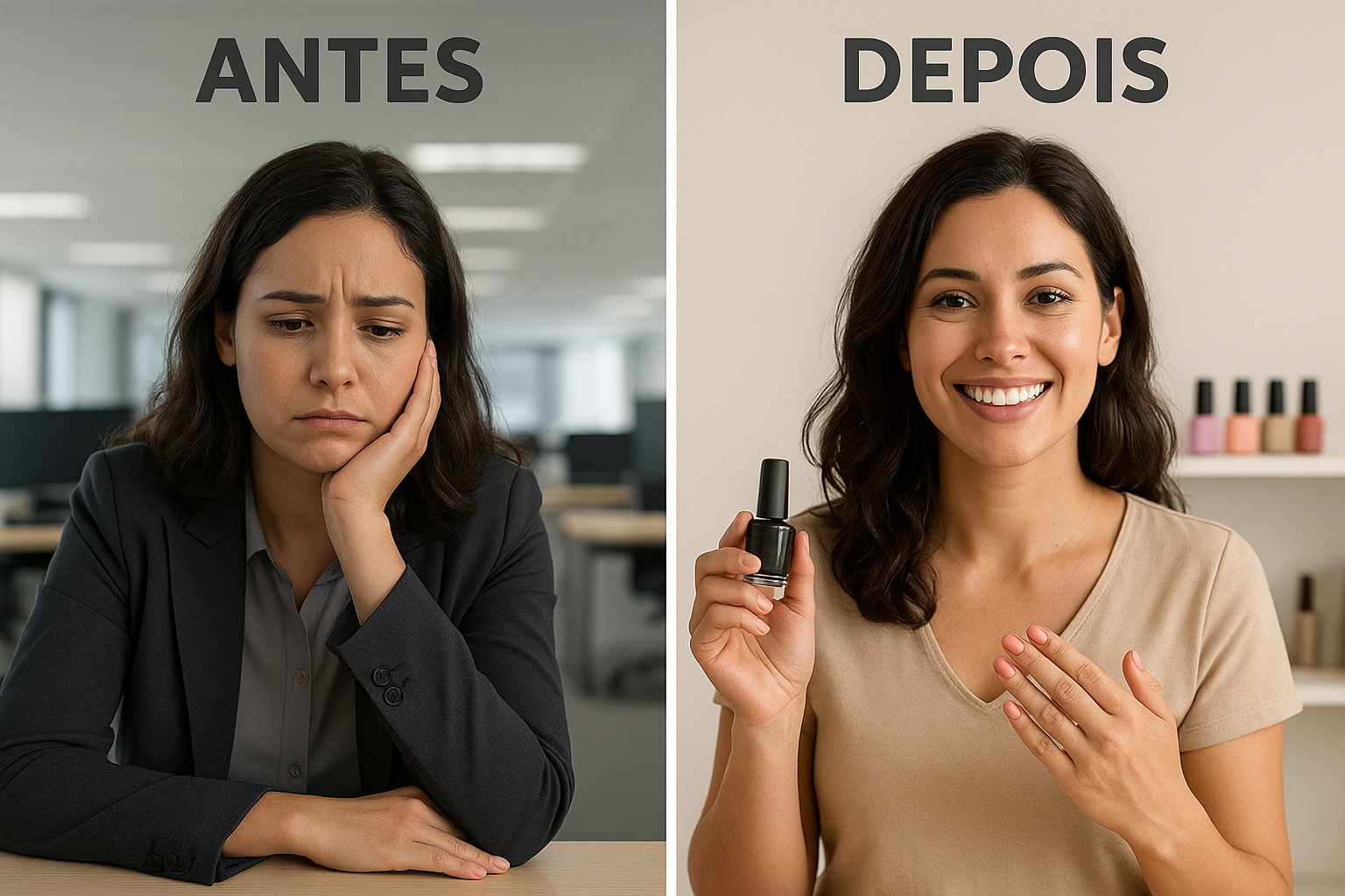 Comparativo de uma mulher antes infeliz em um emprego comum e depois feliz como Nail Designer profissional.